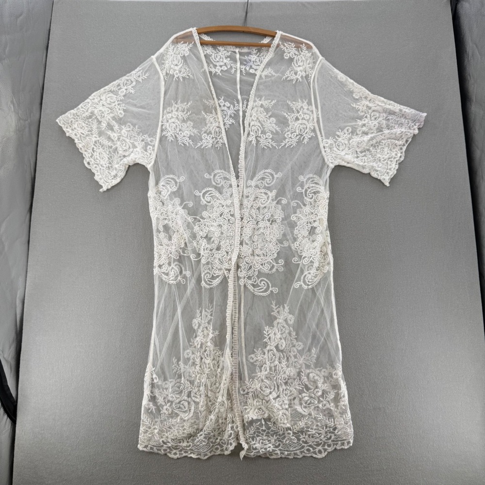 Boho Lace Short Sleeve Cardigan Duster White Women Size Medium